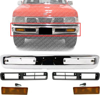 AUTOS PARTS PLUS Front Bumper Chrome Steel + Fog Light Molding + Signal Lamp Assembly Left Driver & Right Passenger Side Direct Replacement Compatible With 1996-1997 Nissan Pickup NI1002127 NI1038101