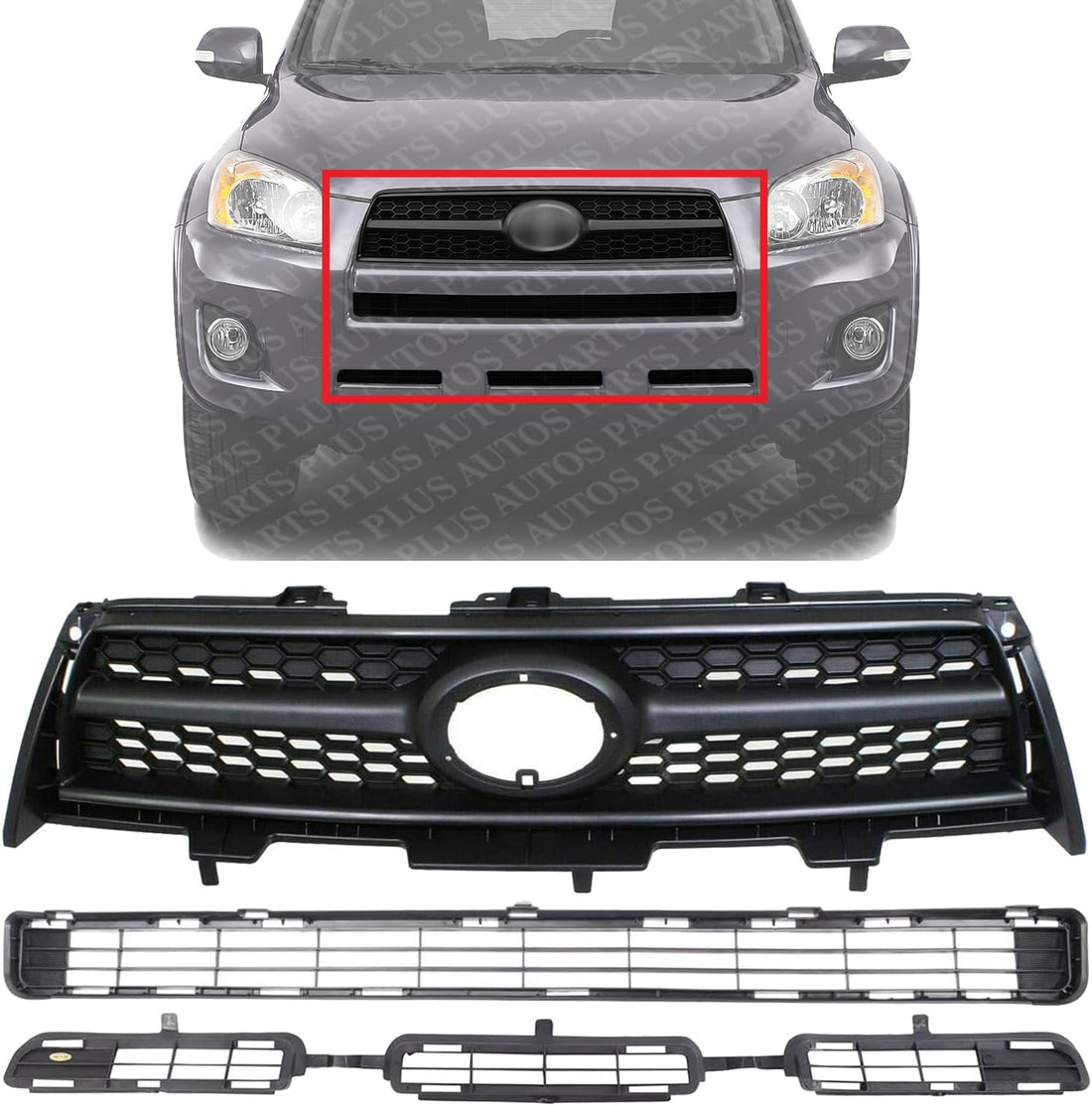 Front Grille Assembly Textured Shell And Insert + Bumper Upper & Lower Grilles Plastic Direct Replacement Compatible With 2009-2012 Toyota RAV4 TO1036114 TO1036115 TO1200315