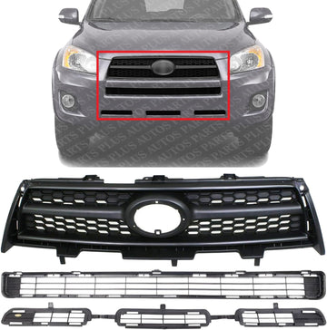 Front Grille Assembly Textured Shell And Insert + Bumper Upper & Lower Grilles Plastic Direct Replacement Compatible With 2009-2012 Toyota RAV4 TO1036114 TO1036115 TO1200315