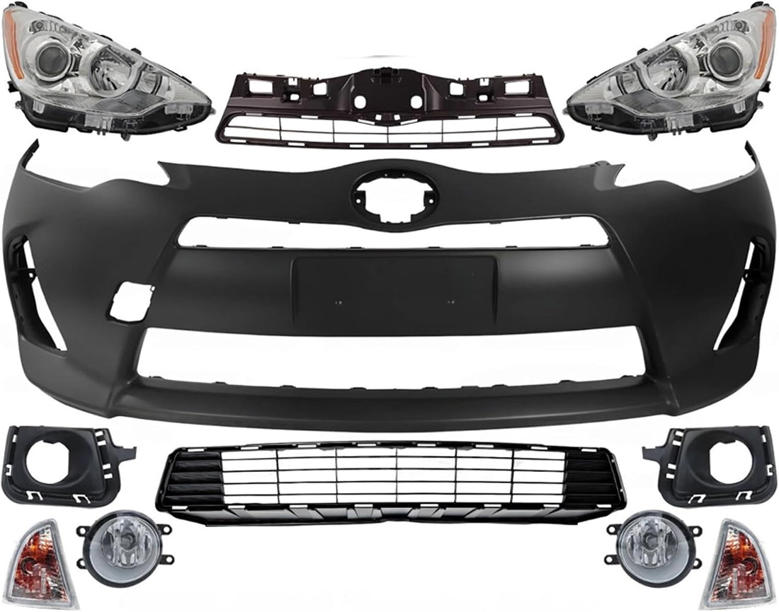 Front Bumper Cover Primed Plastic + Upper & Lower Grille + Headlight + Signal Lamp + Fog Light + Trim Left & Right Side Direct Replacement Compatible With 2012-2014 Toyota Prius C