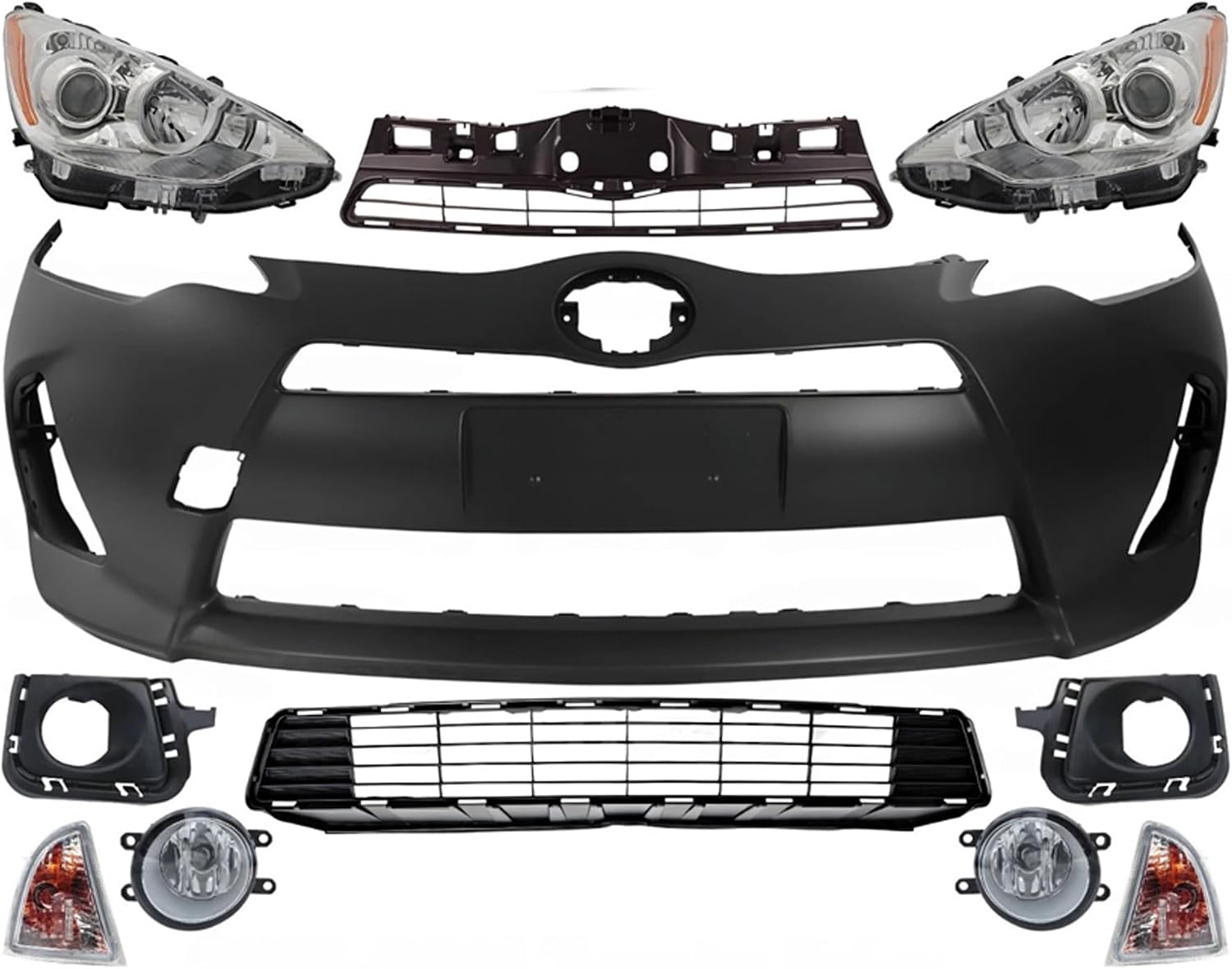 Front Bumper Cover Primed Plastic + Upper & Lower Grille + Headlight + Signal Lamp + Fog Light + Trim Left & Right Side Direct Replacement Compatible With 2012-2014 Toyota Prius C
