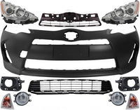 Front Bumper Cover Primed Plastic + Upper & Lower Grille + Headlight + Signal Lamp + Fog Light + Trim Left & Right Side Direct Replacement Compatible With 2012-2014 Toyota Prius C