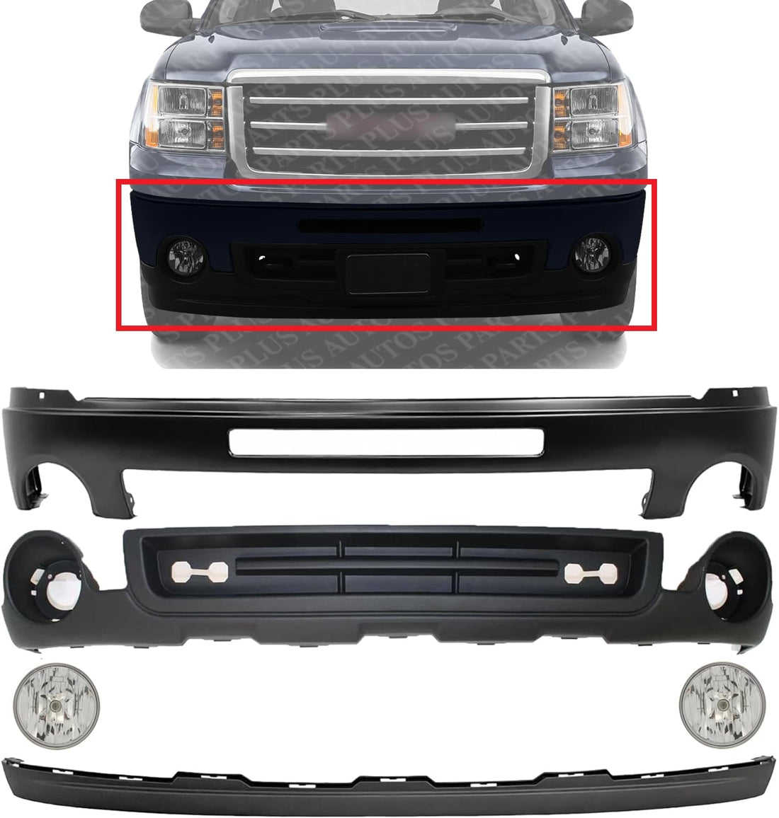Front Bumper Primed Steel + Lower Valance Air Deflector Textured + Extension + Fog Lamps Assembly Left & Right Side Direct Replacement Compatible With 2011-2013 GMC Sierra 1500
