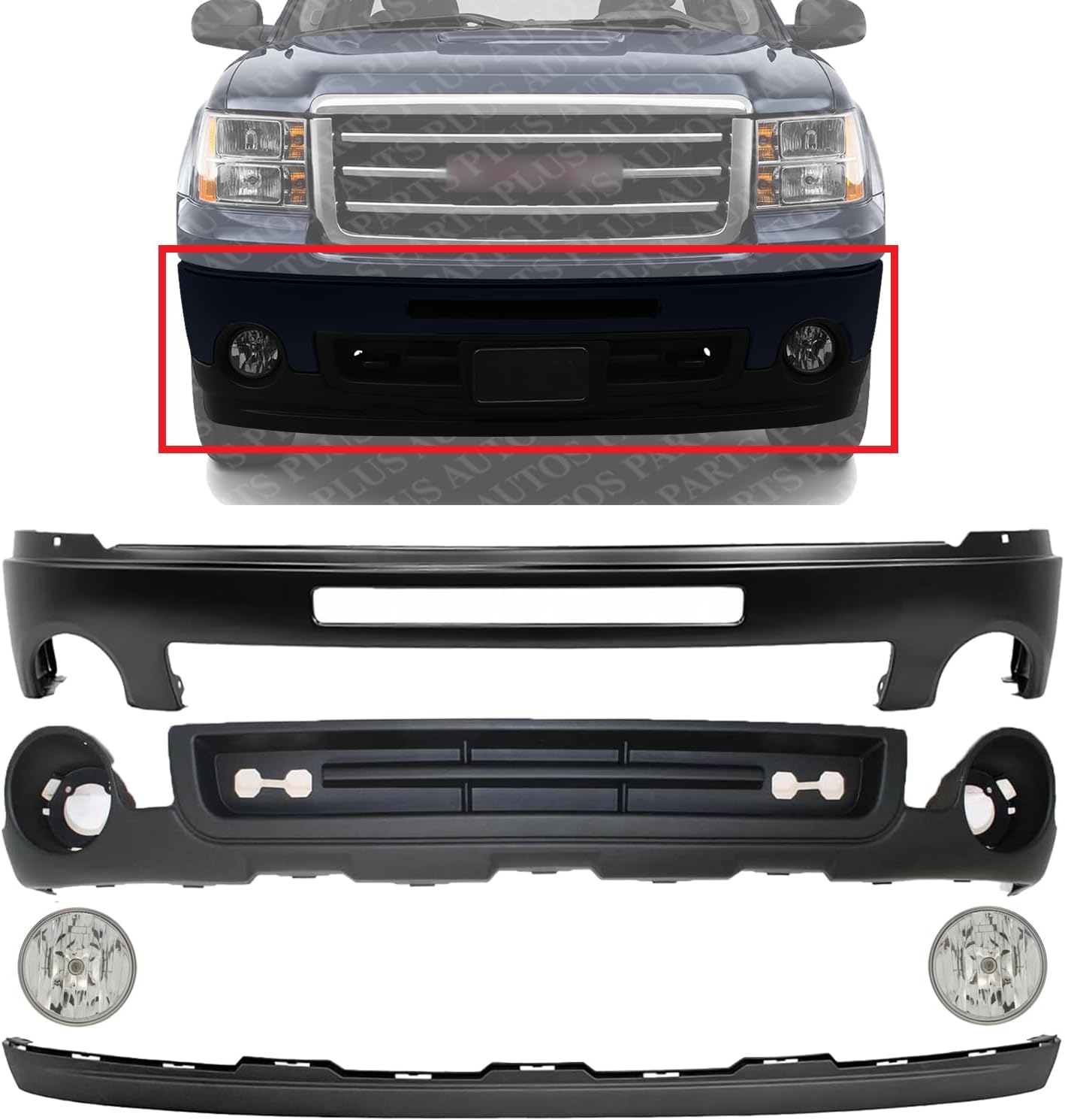 Front Bumper Primed Steel + Lower Valance Air Deflector Textured + Extension + Fog Lamps Assembly Left & Right Side Direct Replacement Compatible With 2011-2013 GMC Sierra 1500