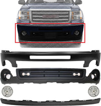 Front Bumper Primed Steel + Lower Valance Air Deflector Textured + Extension + Fog Lamps Assembly Left & Right Side Direct Replacement Compatible With 2011-2013 GMC Sierra 1500