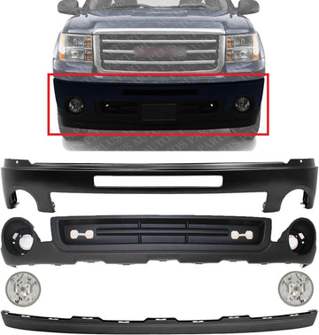Front Bumper Primed Steel + Lower Valance Air Deflector Textured + Extension + Fog Lamps Assembly Left & Right Side Direct Replacement Compatible With 2011-2013 GMC Sierra 1500