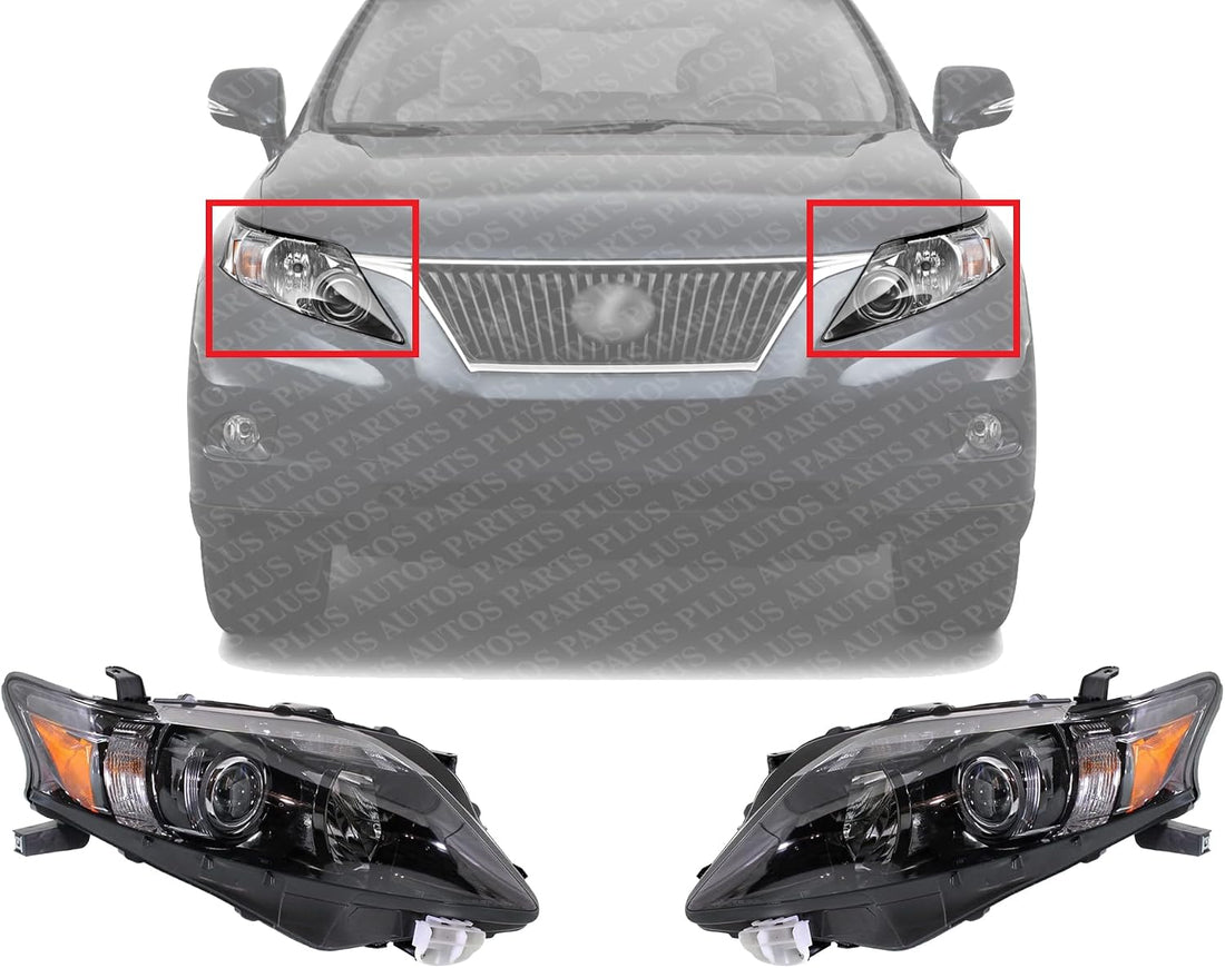 Set Of 2 Front Head Light Assembly With Black Interior Plastic Left Driver & Right Passenger Side Direct Replacement Compatible With 2010-2012 Lexus RX350 LX2503155 LX2502155