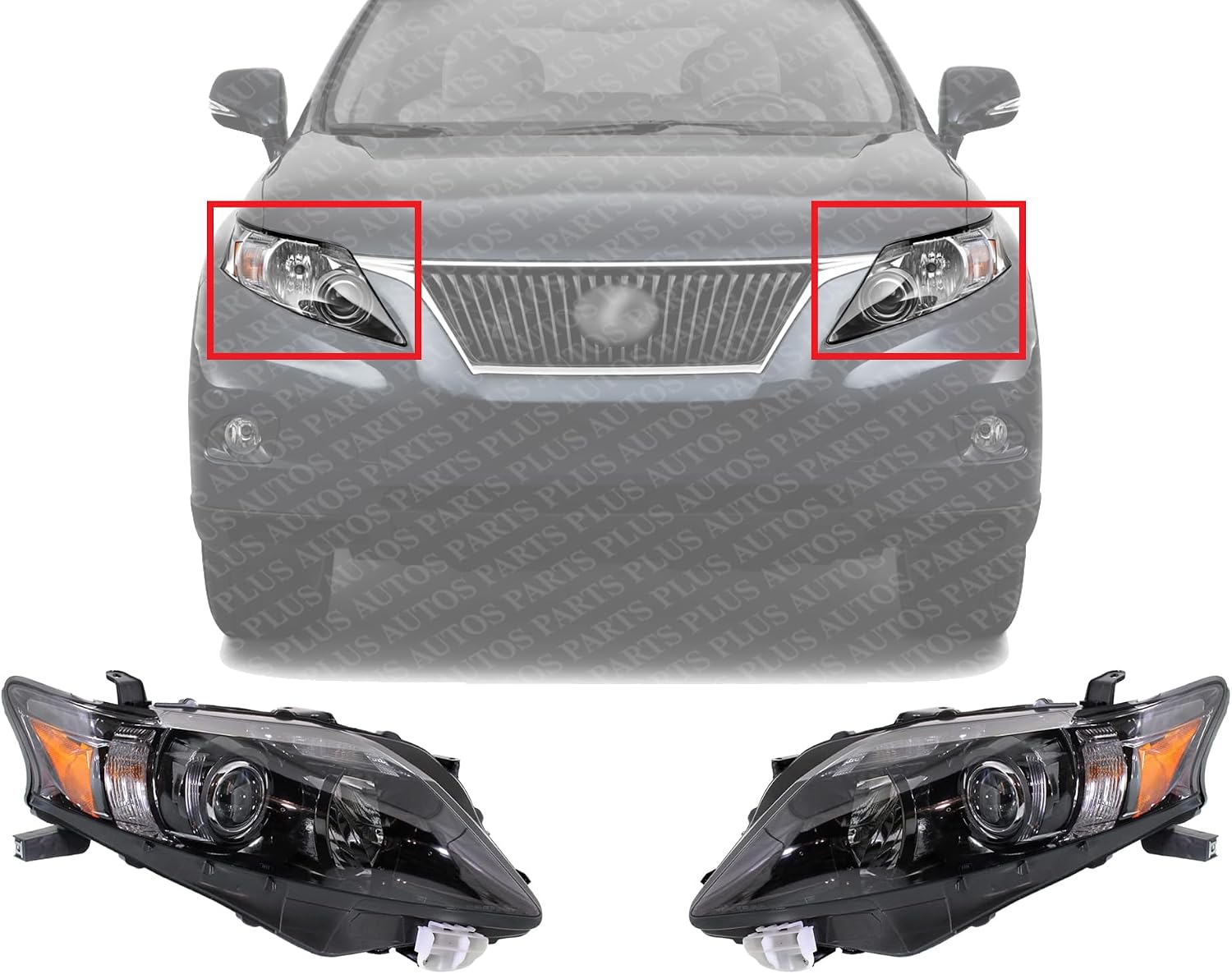 Set Of 2 Front Head Light Assembly With Black Interior Plastic Left Driver & Right Passenger Side Direct Replacement Compatible With 2010-2012 Lexus RX350 LX2503155 LX2502155