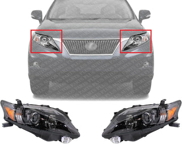 Set Of 2 Front Head Light Assembly With Black Interior Plastic Left Driver & Right Passenger Side Direct Replacement Compatible With 2010-2012 Lexus RX350 LX2503155 LX2502155