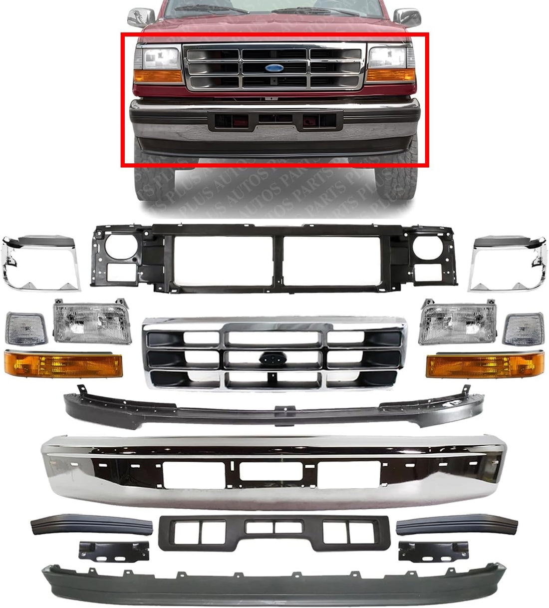 Front Bumper + Molding + Grille + Header Panel + Lower Valance + Bracket + Headlight Kit Left & Right Direct Replacement Compatible With 92-96 Ford F-150 Bronco / 92-97 F-250 F-350