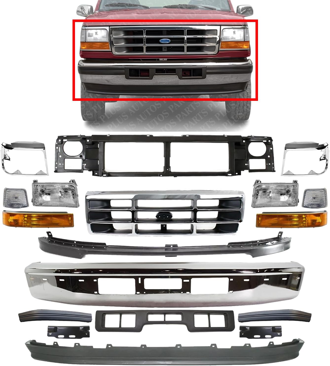 Front Bumper + Molding + Grille + Header Panel + Lower Valance + Bracket + Headlight Kit Left & Right Direct Replacement Compatible With 92-96 Ford F-150 Bronco / 92-97 F-250 F-350