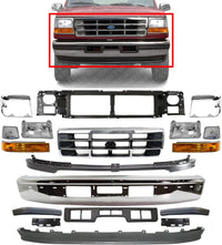 Front Bumper + Molding + Grille + Header Panel + Lower Valance + Bracket + Headlight Kit Left & Right Direct Replacement Compatible With 92-96 Ford F-150 Bronco / 92-97 F-250 F-350
