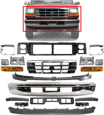 Front Bumper + Molding + Grille + Header Panel + Lower Valance + Bracket + Headlight Kit Left & Right Direct Replacement Compatible With 92-96 Ford F-150 Bronco / 92-97 F-250 F-350
