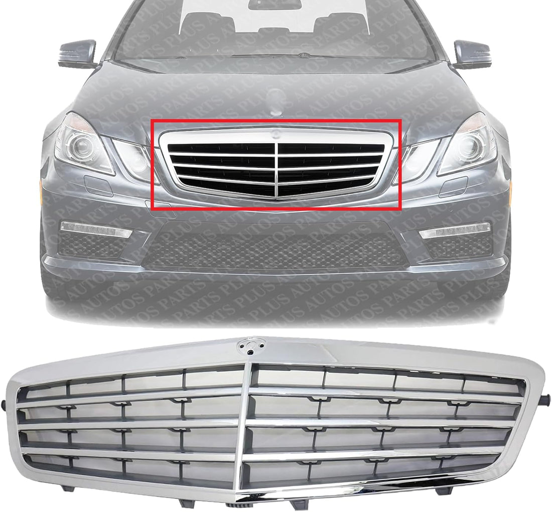 Front Grille Assembly Chrome Shell with Gray Insert Plastic Direct Replacement Compatible With 2010-2013 Mercedes Benz E-Class MB1200149 21288008839040
