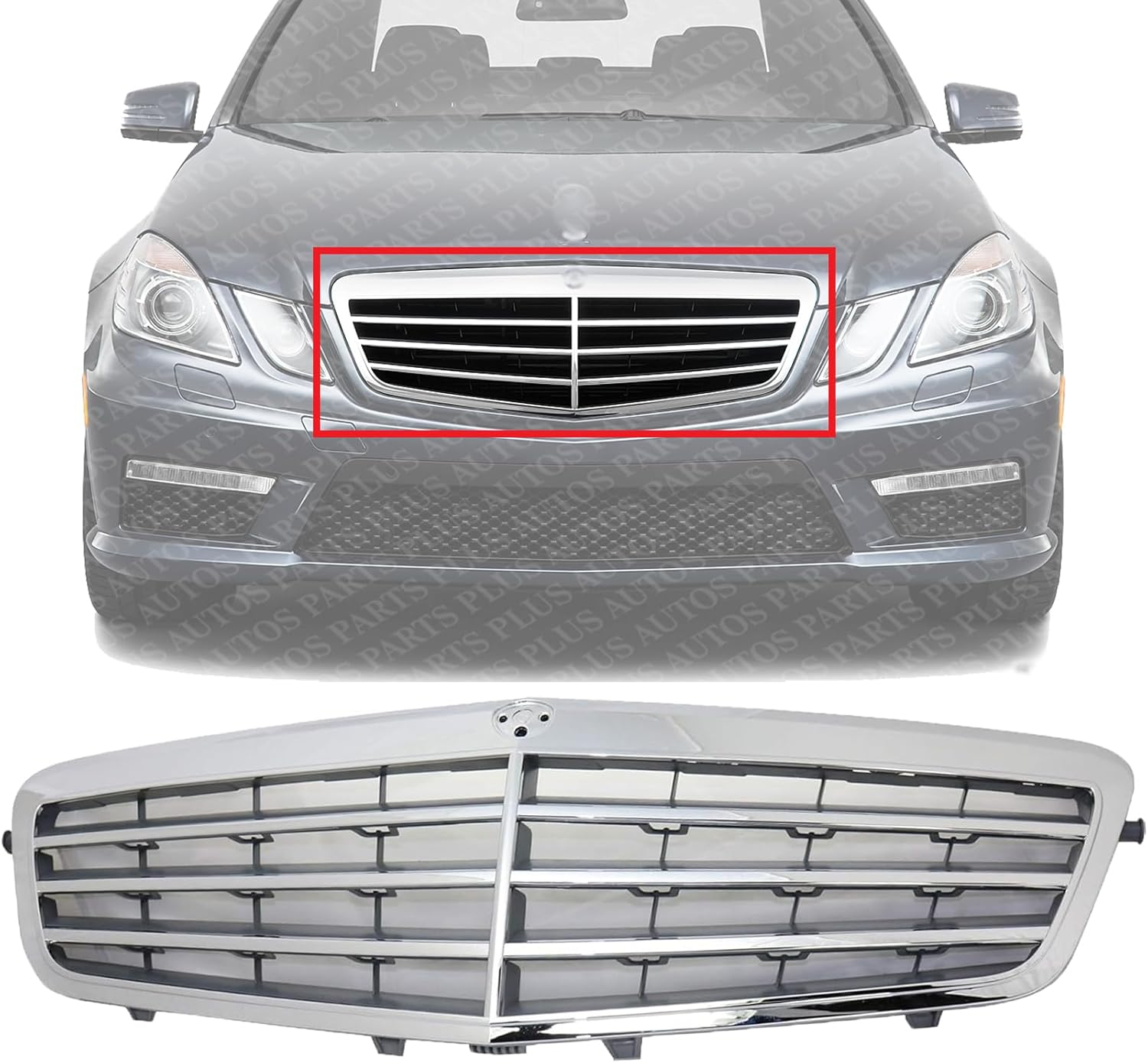 Front Grille Assembly Chrome Shell with Gray Insert Plastic Direct Replacement Compatible With 2010-2013 Mercedes Benz E-Class MB1200149 21288008839040