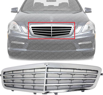 Front Grille Assembly Chrome Shell with Gray Insert Plastic Direct Replacement Compatible With 2010-2013 Mercedes Benz E-Class MB1200149 21288008839040