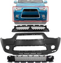 Front Bumper Cover Primed Plastic + Upper & Lower Grille Direct Replacement Compatible With 2011-2012 Mitsubishi Outlander/RVR