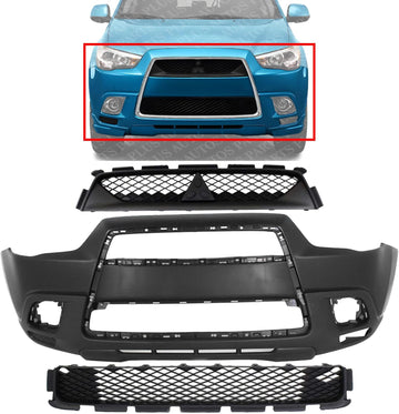 Front Bumper Cover Primed Plastic + Upper & Lower Grille Direct Replacement Compatible With 2011-2012 Mitsubishi Outlander/RVR