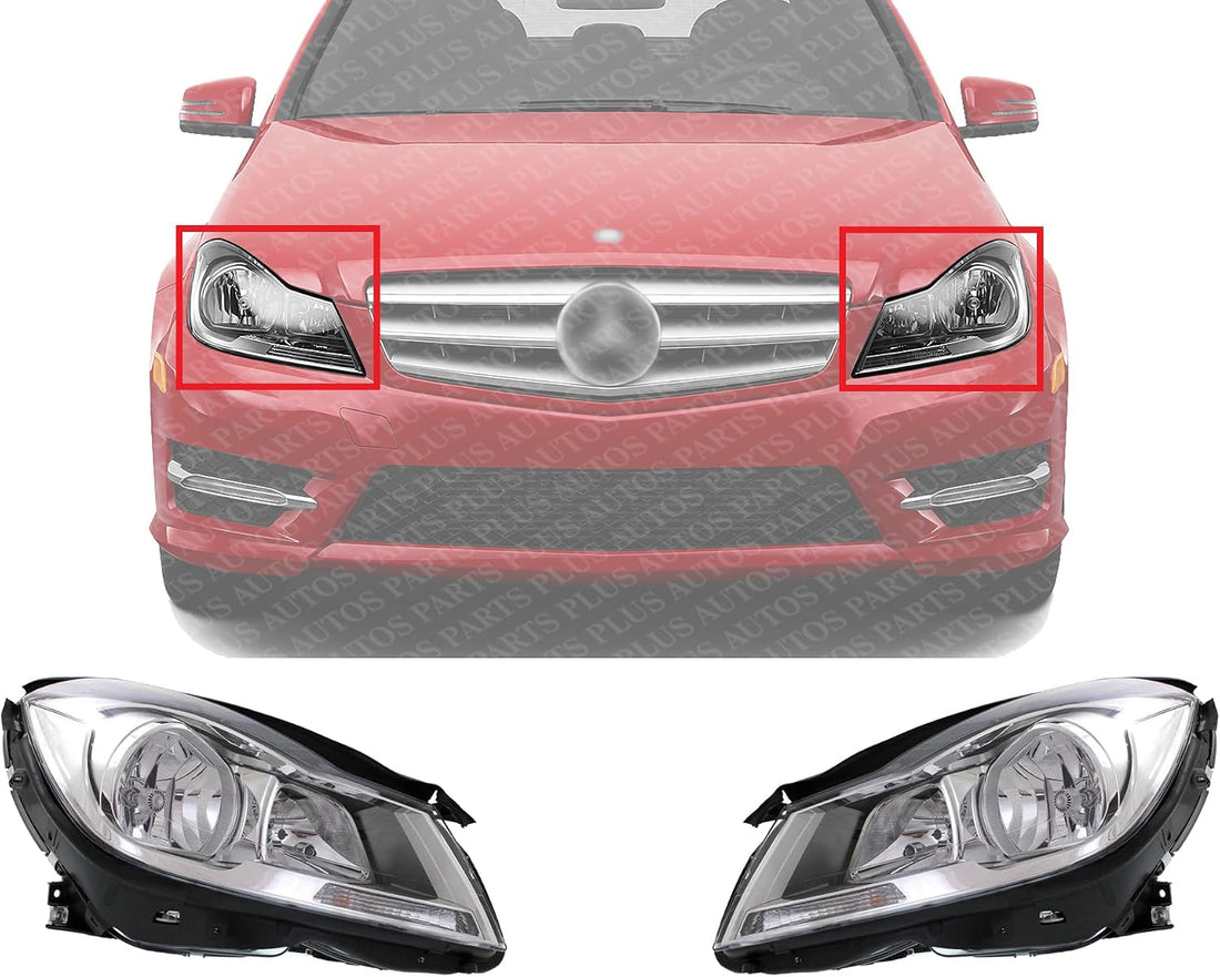 Set Of 2 Front Head Light Assembly Chrome Interior With Corner Lamp Plastic Left Driver & Right Passenger Side Direct Replacement Compatible With 2012-2014 Mercedes Benz C-Class