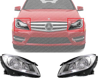 Set Of 2 Front Head Light Assembly Chrome Interior With Corner Lamp Plastic Left Driver & Right Passenger Side Direct Replacement Compatible With 2012-2014 Mercedes Benz C-Class