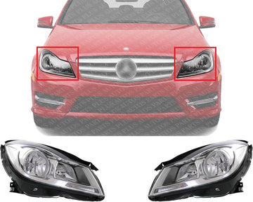 Set Of 2 Front Head Light Assembly Chrome Interior With Corner Lamp Plastic Left Driver & Right Passenger Side Direct Replacement Compatible With 2012-2014 Mercedes Benz C-Class