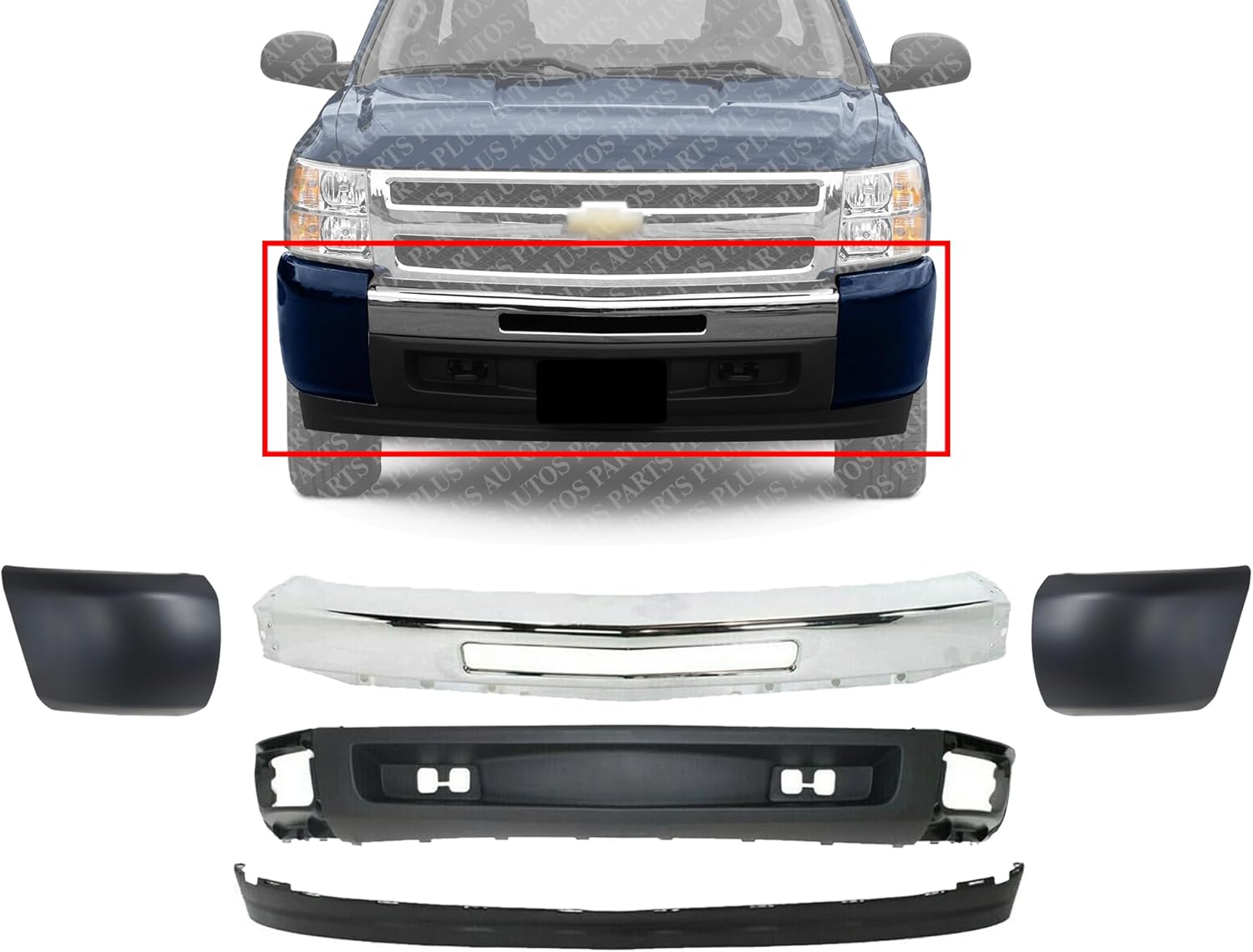 Front Bumper Chrome Steel + Lower Valance + Extension Textured + Set Of 2 End Cap Primed Left & Right Side Direct Replacement Compatible With Chevrolet Silverado 1500 2007-2013