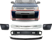 Front Bumper Chrome Steel + Lower Valance + Extension Textured + Set Of 2 End Cap Primed Left & Right Side Direct Replacement Compatible With Chevrolet Silverado 1500 2007-2013
