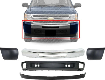 Front Bumper Chrome Steel + Lower Valance + Extension Textured + Set Of 2 End Cap Primed Left & Right Side Direct Replacement Compatible With Chevrolet Silverado 1500 2007-2013