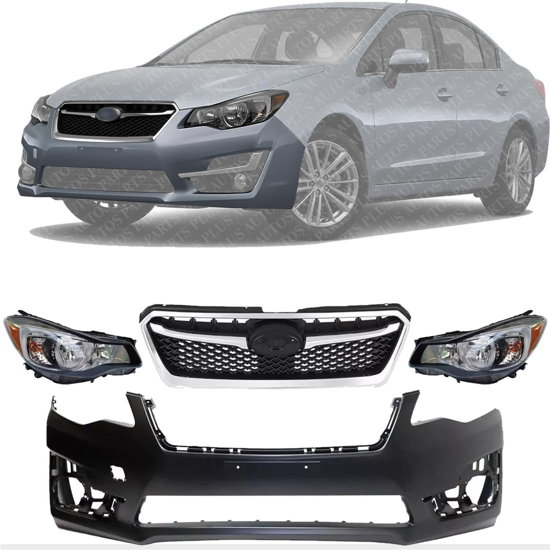Front Bumper Cover Primed + Upper Grilles Textured Black Shell & Insert With Chrome Moldings+ Head Lights Left & Right Side Direct Replacement Compatible With 2015-2016 Subaru Impreza