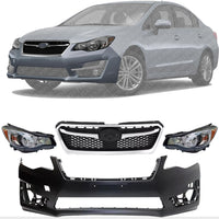 Front Bumper Cover Primed + Upper Grilles Textured Black Shell & Insert With Chrome Moldings+ Head Lights Left & Right Side Direct Replacement Compatible With 2015-2016 Subaru Impreza