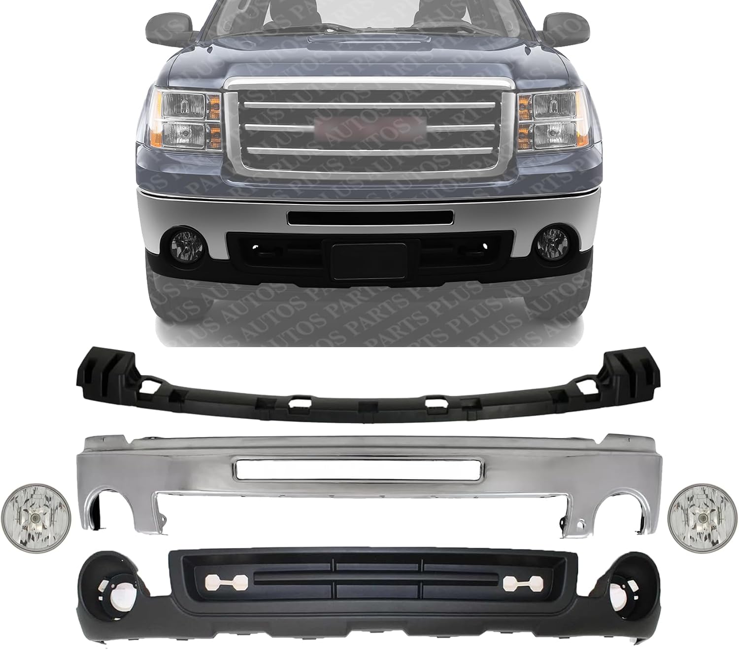 Front Bumper Chrome Steel + Upper Cover + Lower Valance Air Deflector Textured + Fog Lamps Assembly Left & Right Side Direct Replacement Compatible With 2007-2013 GMC Sierra 1500