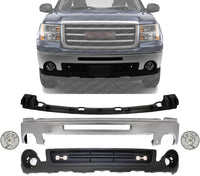 Front Bumper Chrome Steel + Upper Cover + Lower Valance Air Deflector Textured + Fog Lamps Assembly Left & Right Side Direct Replacement Compatible With 2007-2013 GMC Sierra 1500