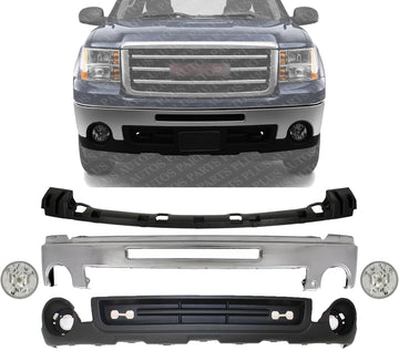 Front Bumper Chrome Steel + Upper Cover + Lower Valance Air Deflector Textured + Fog Lamps Assembly Left & Right Side Direct Replacement Compatible With 2007-2013 GMC Sierra 1500