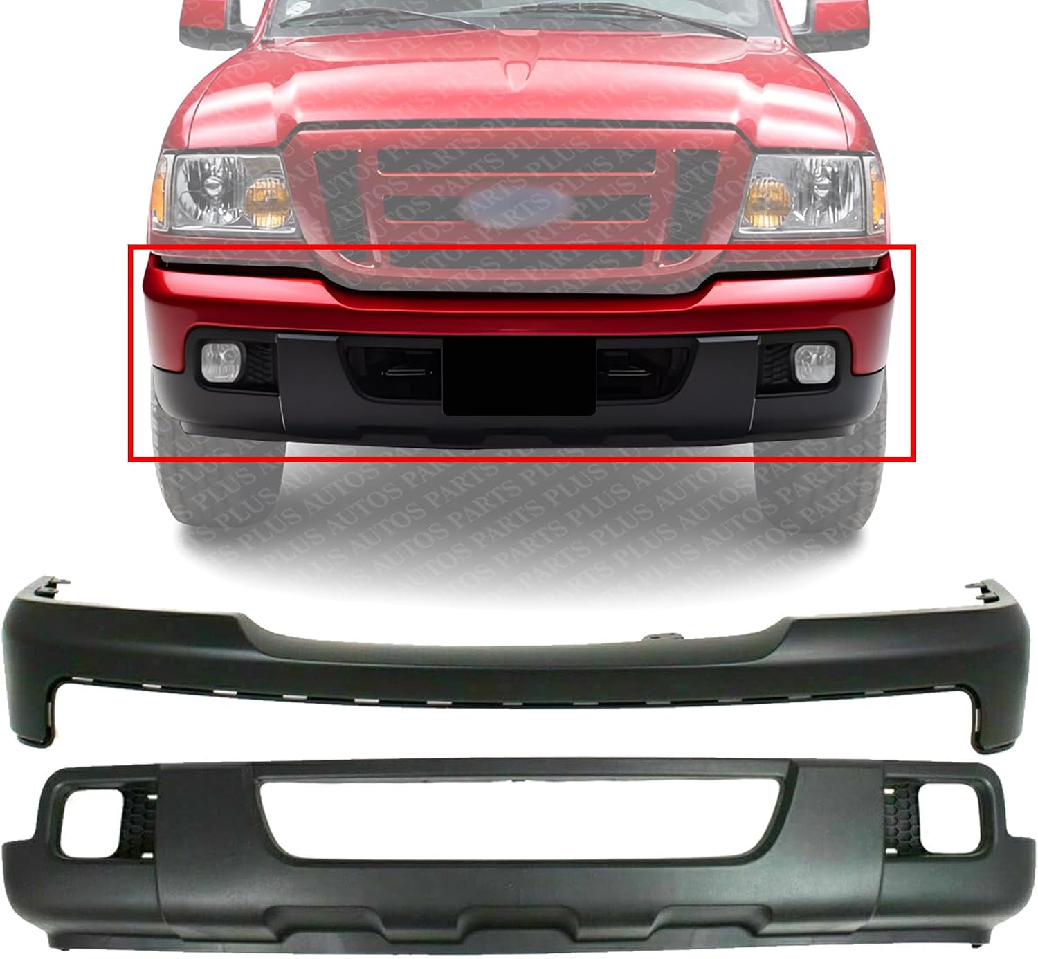 Front Bumper Upper Cover Primed + Lower Valance Panel Textured Direct Replacement Compatible With 2006-2007 Ford Ranger FO1000608 FO1095218 6L5Z17D957BAPTM 6L5Z17626AAA