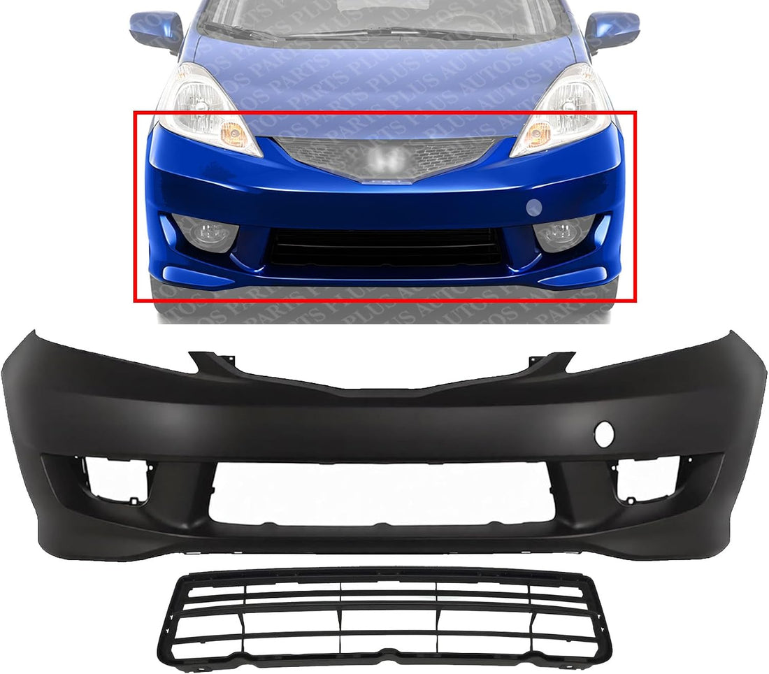 Front Bumper Cover Primed Plastic + Lower Grille Textured Direct Replacement Compatible With 2009-2011 Honda Fit