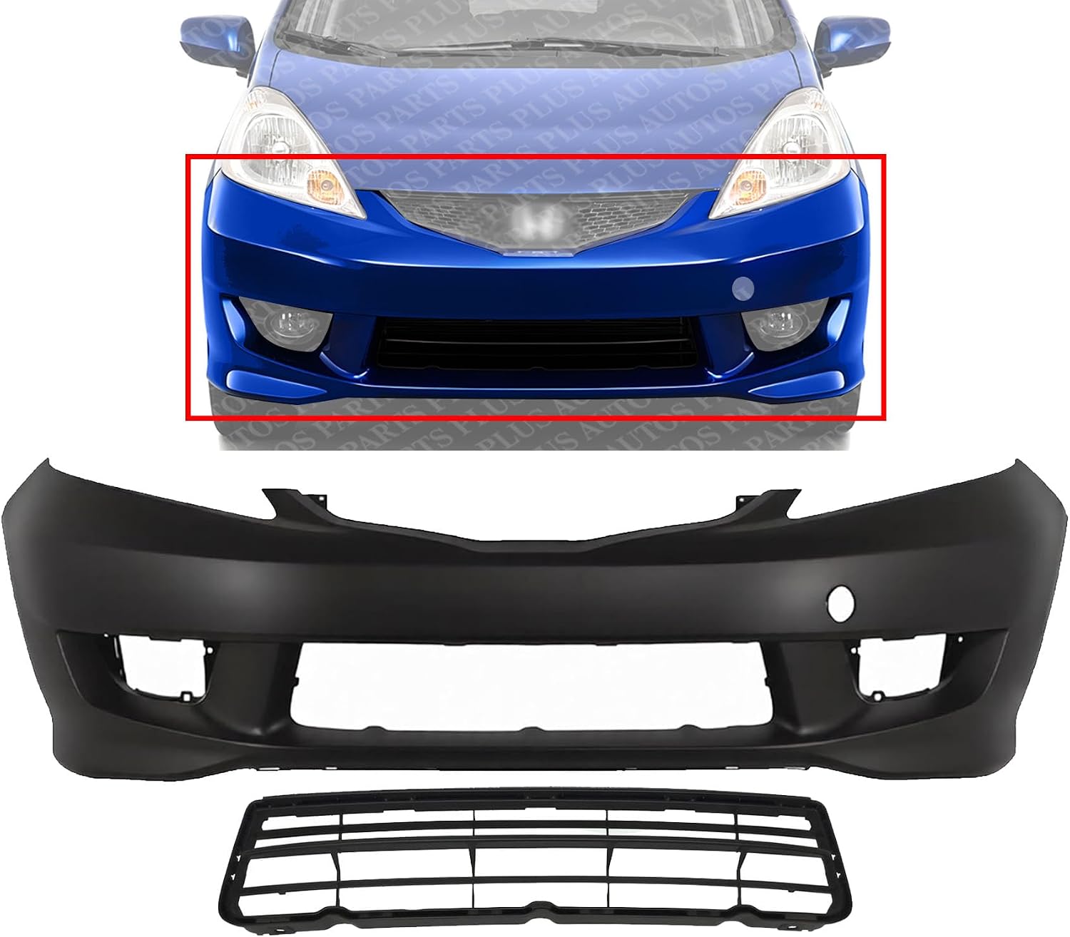 Front Bumper Cover Primed Plastic + Lower Grille Textured Direct Replacement Compatible With 2009-2011 Honda Fit
