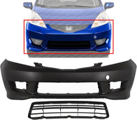 Front Bumper Cover Primed Plastic + Lower Grille Textured Direct Replacement Compatible With 2009-2011 Honda Fit