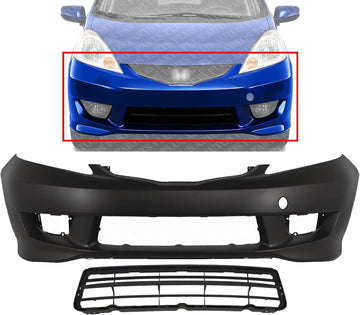 Front Bumper Cover Primed Plastic + Lower Grille Textured Direct Replacement Compatible With 2009-2011 Honda Fit