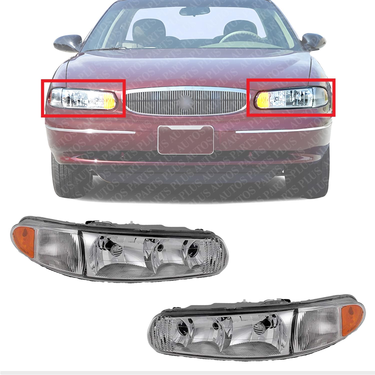 Set Of 2 Front Head Light Assembly Left Driver & Right Passenger Side Direct Replacement Compatible With 1997-2005 Buick Century / 1997-2004 Regal GM2503182 GM2502182 19244638