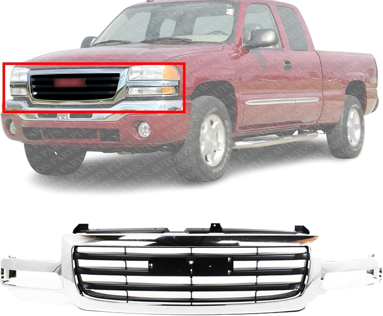 Front Grille Chrome Shell & Primed Insert Direct Replacement Compatible With 2003-2006 GMC Sierra 1500/2003-2004 2500 GM1200475 19130791