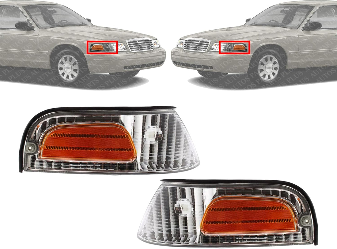 Set Of 2 Front Corner Light Lens And Housing Side Marker Lamp Left Driver & Right Passenger Side Direct Replacement Compatible With 1998-2011 Ford Crown Victoria FO2521147 FO2520147