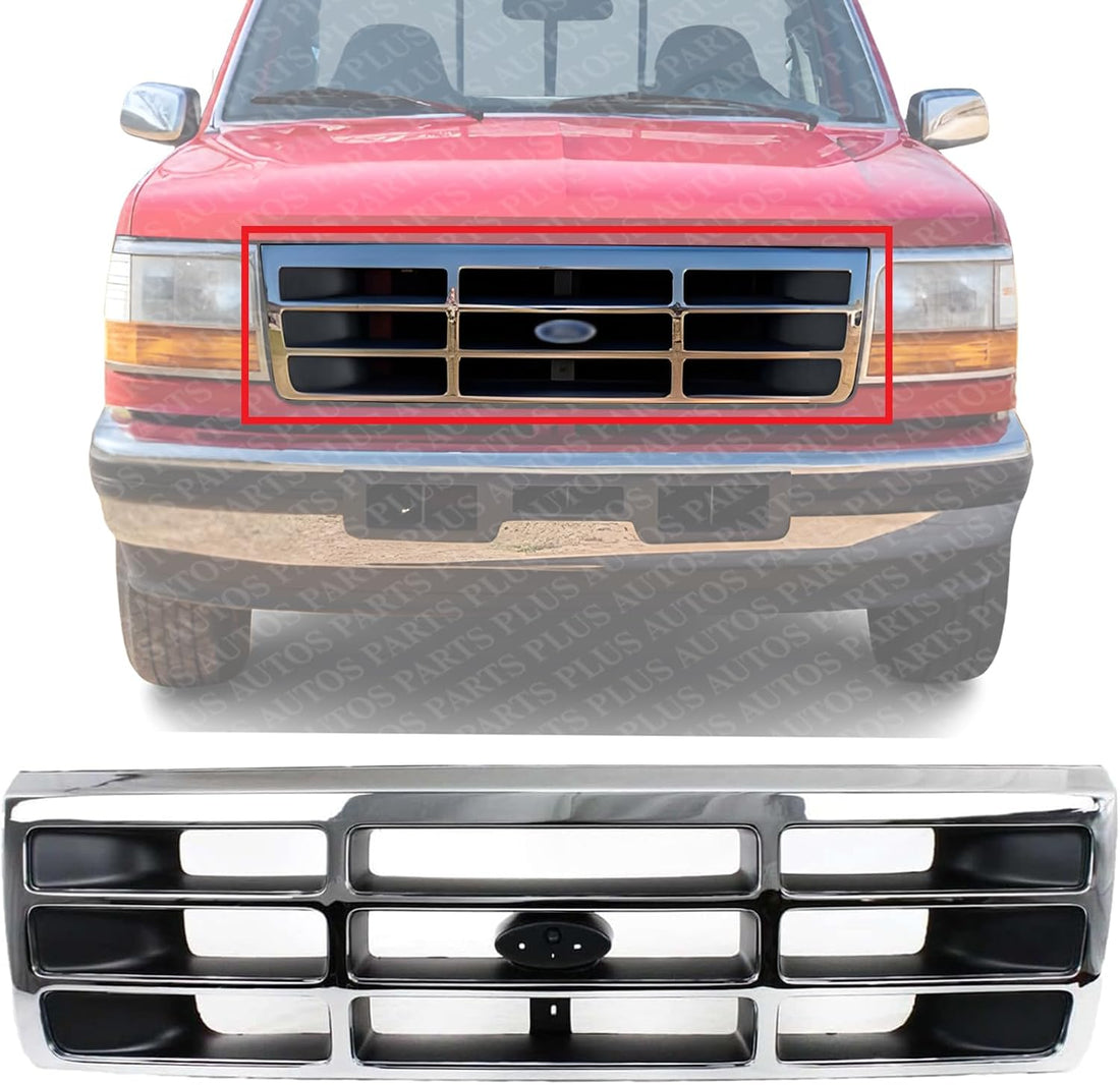 Front Grille Chrome Shell With Plastic Insert Direct Replacement Compatible With 1992-1997 Ford F-Series FO1200173 F4TZ8200A
