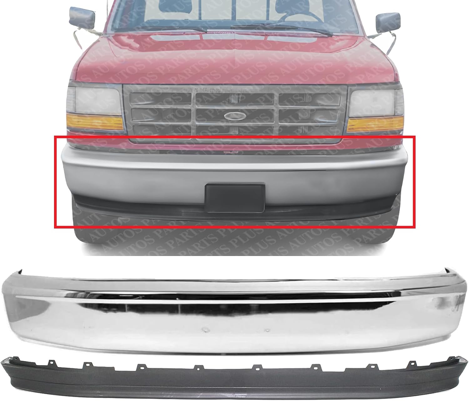 Front Bumper Face Bar Chrome + Lower Valance Panel Textured Direct Replacement Compatible With 1992-1997 Ford F-Series FO1002236 FO1095154 F2TZ17757A F2TZ17626A