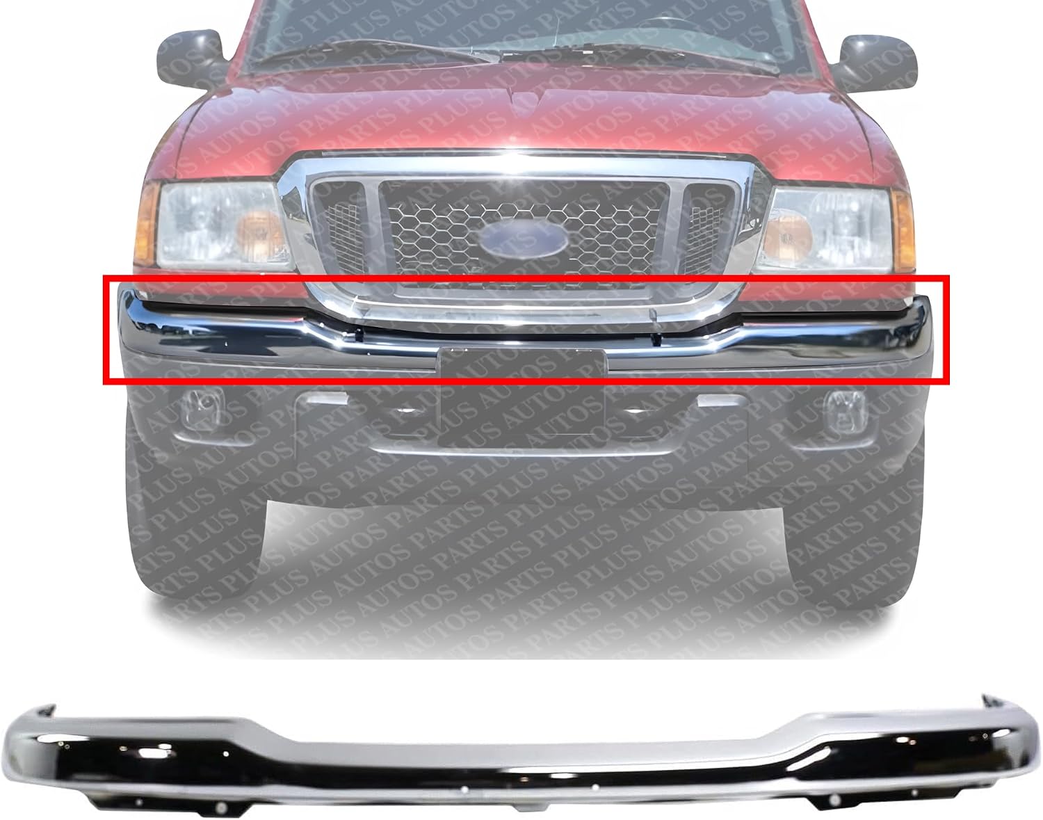 Front Bumper Chrome Steel Without Fog Light Holes Direct Replacement Compatible With 2001-2005 Ford Ranger FO1002369 1L5Z17757BA