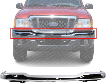 Front Bumper Chrome Steel Without Fog Light Holes Direct Replacement Compatible With 2001-2005 Ford Ranger FO1002369 1L5Z17757BA
