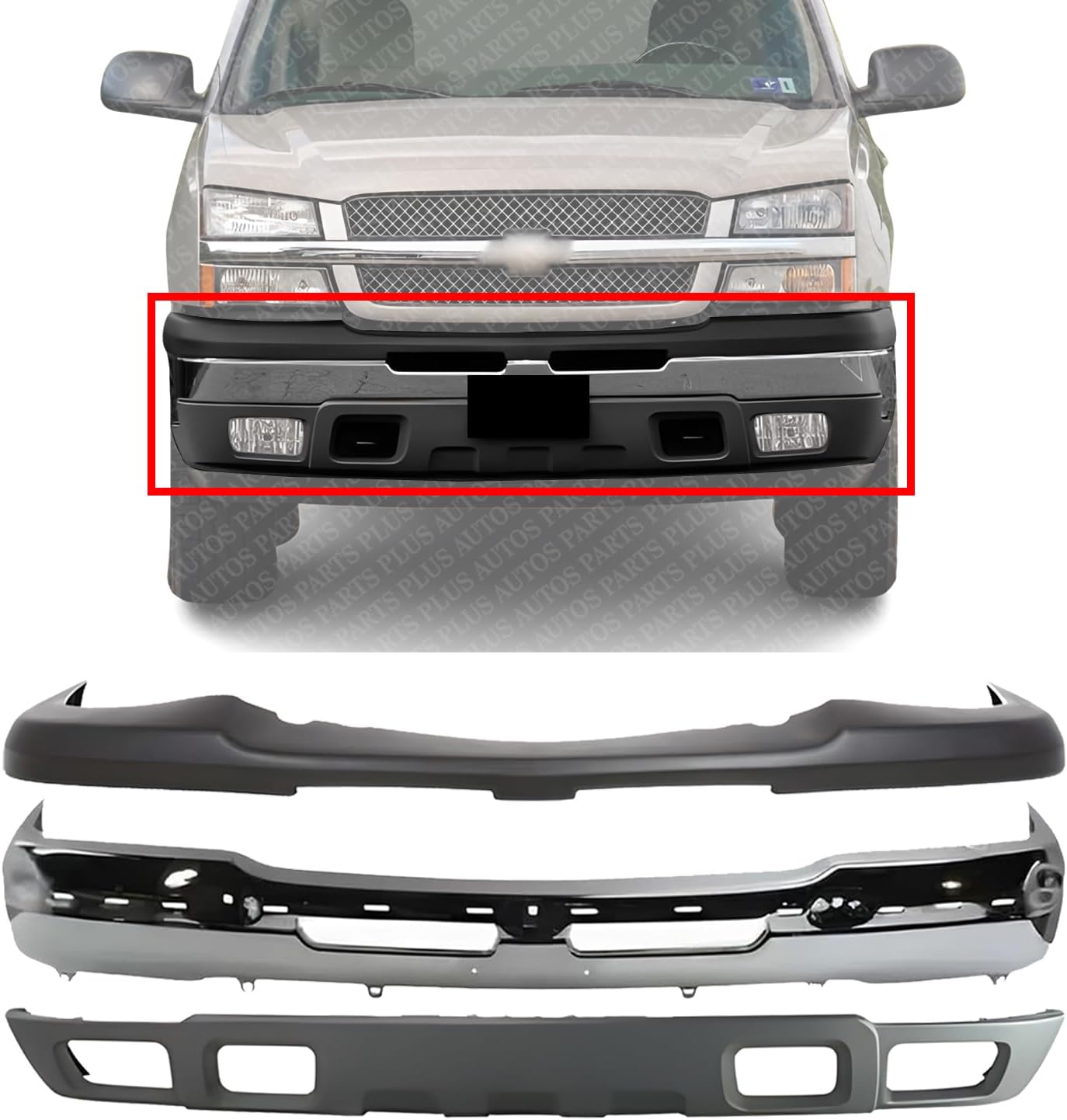 Front Bumper Face Bar Chrome Steel + Upper Cover + Lower Valance Textured Gray Direct Replacement Compatible With 2002-2006 Chevrolet Silverado 1500 GM1002416 GM1051110