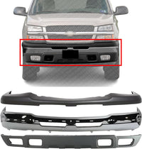 Front Bumper Face Bar Chrome Steel + Upper Cover + Lower Valance Textured Gray Direct Replacement Compatible With 2002-2006 Chevrolet Silverado 1500 GM1002416 GM1051110