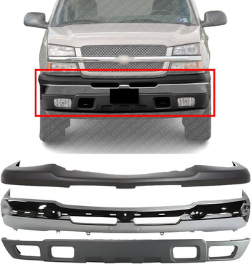 Front Bumper Face Bar Chrome Steel + Upper Cover + Lower Valance Textured Gray Direct Replacement Compatible With 2002-2006 Chevrolet Silverado 1500 GM1002416 GM1051110