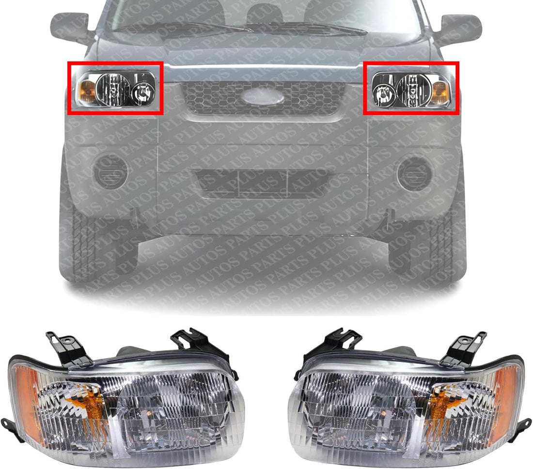 Set Of 2 Front Head Lights Assembly Halogen Plastic Left Driver & Right Passenger Side Direct Replacement Compatible With 2001-2004 Ford Escape FO2519103 FO2518103
