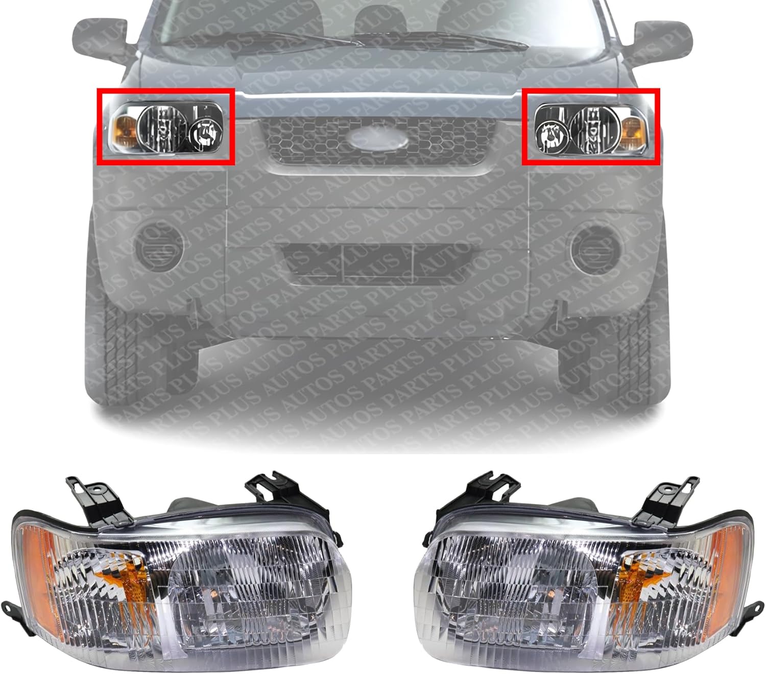 Set Of 2 Front Head Lights Assembly Halogen Plastic Left Driver & Right Passenger Side Direct Replacement Compatible With 2001-2004 Ford Escape FO2519103 FO2518103